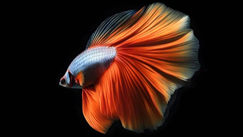 Vibrant Betta Fish with Flowing Fins on Black Background.