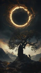 Lone wanderer beholds blazing celestial ring above dusk.