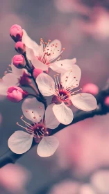 Cherry Blossom Cluster with Pink Buds and White Petals.