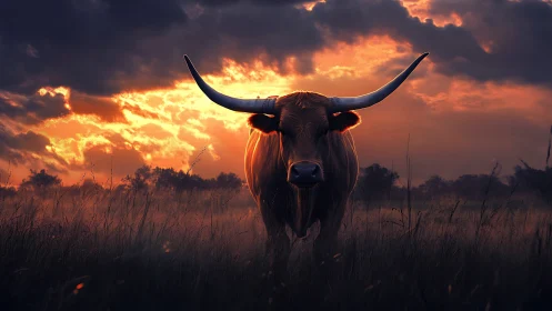 Sunset longhorn sentinel crowned in wildfire skies.