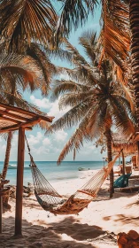 Sunlit tropical hammock hangs between palms beside calm sea