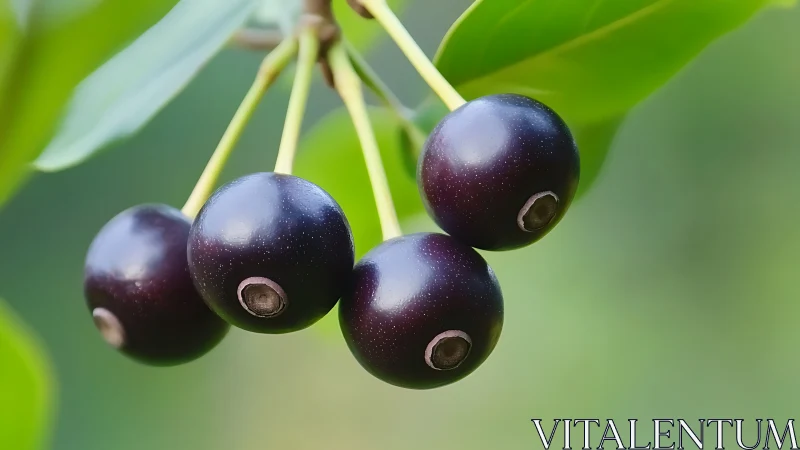 Midnight berries glimmer on stems against soft green hush.