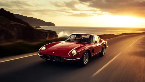 Red vintage sports car powers along coastal highway at sunset.