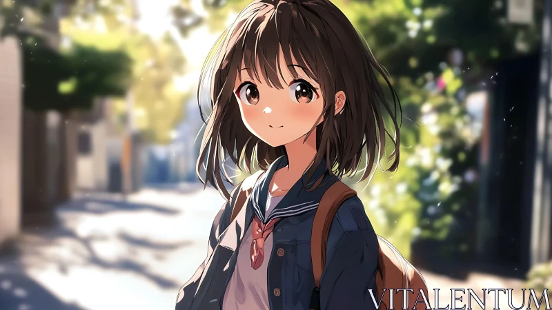 Anime schoolgirl on sunlit residential street in uniform.