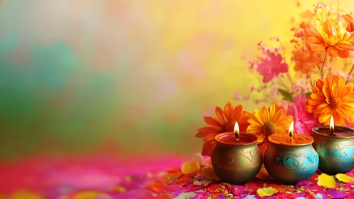 Glowing festival candles surrounded by bright blooming flowers.