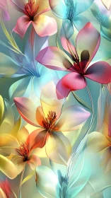 Translucent botanical arrangement displays multi-hued petals.