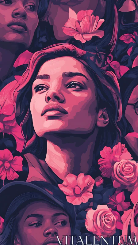 Floral-lit portraits in bold magenta tonal illustration.