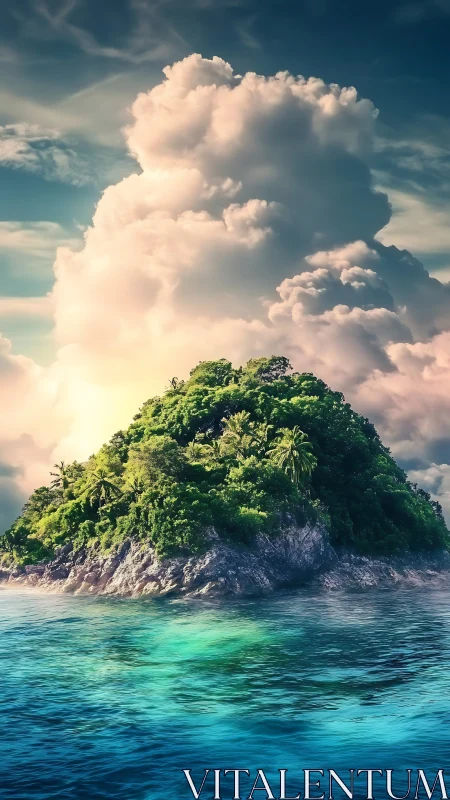 Verdant Island Paradise Beneath Towering Clouds