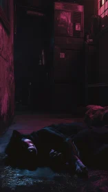 Dog lying on wet alley floor under neon pink light.