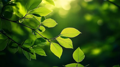 Sunlit Green Leaves on Branch in Soft Nature Photography Style.