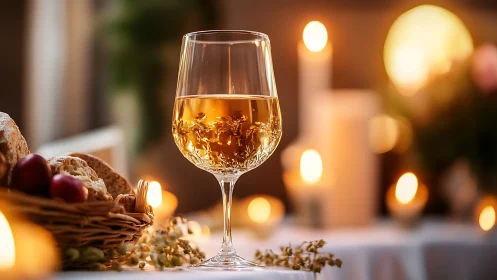 White wine glass amid candlelit rustic dinner table.
