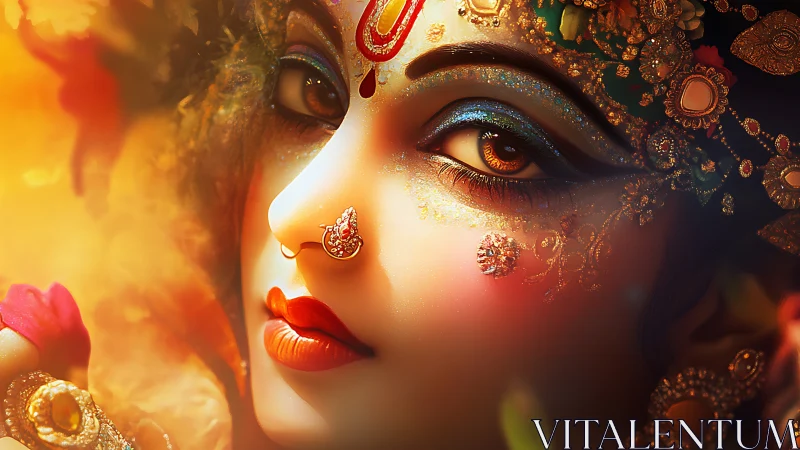 Digital painting portrait of ornate goddess visage in gold light.