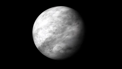 Shrouded storm world drifts in velvet-black cosmic silence.