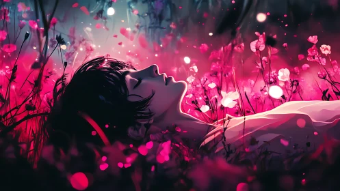 Dreaming figure under neon wildflowers glows in twilight.