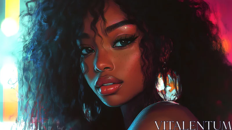 Digital portrait shows close-up of woman in neon lighting