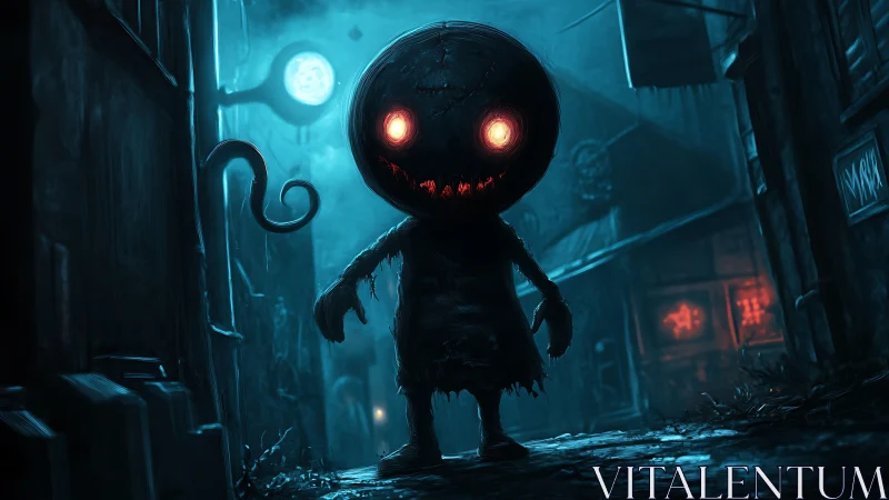 Humanoid silhouette with glowing eyes in narrow urban alley.