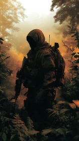 Shadowed ranger stalking through ember-lit jungle hush.