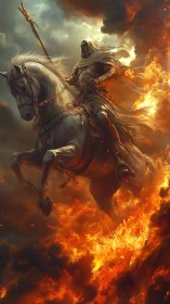 Storm-robed war rider leaping a wildfire sky.