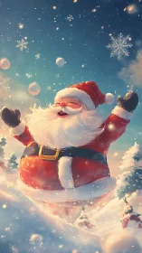 Joyful Santa leaping through sparkling winter snowdrifts.
