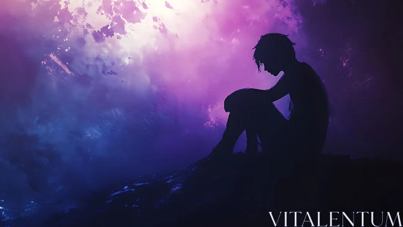 Solitary silhouette beneath luminous violet storm sky.