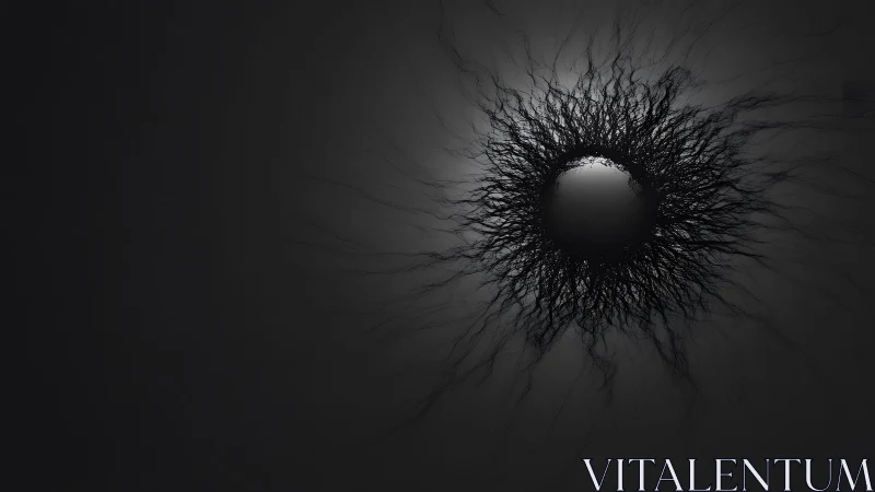 Dark abstract sphere with radiating tangled lines, minimalist style.