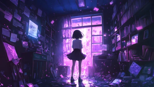 Luminous portal opening in a cluttered neon lit library room.