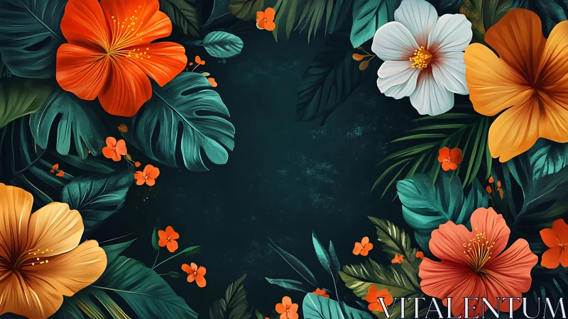 Tropical Floral Composition with Vibrant Blooms on Dark Background