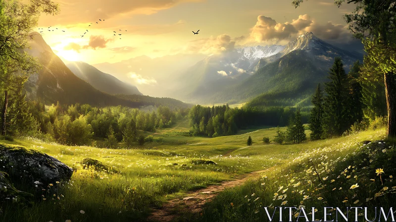Golden hour alpine valley rendered in luminous digital realism