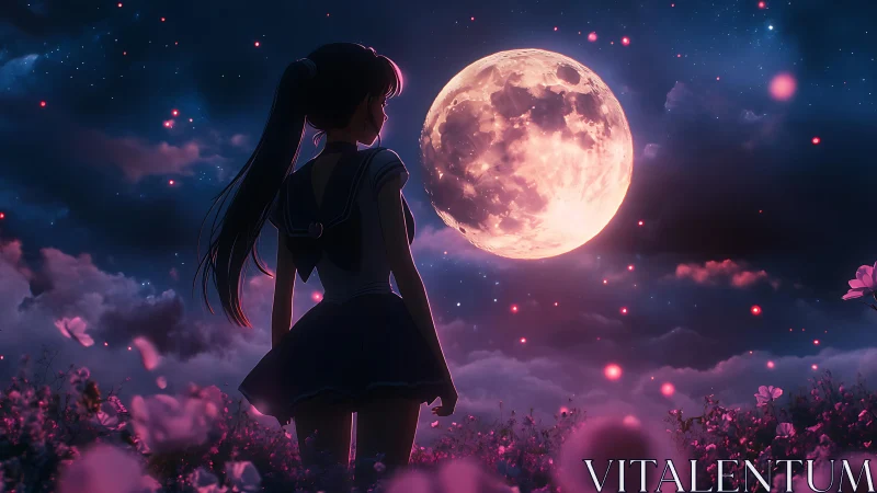 Anime girl in flower field under glowing full moon at night.