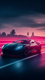 Sports car moves along neon lit highway at dusk