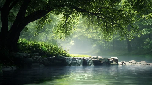Tranquil forest pond with small waterfall and bright greenery.