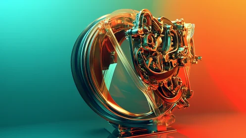 Translucent mechanoid gyroscope rendered in dual-color light