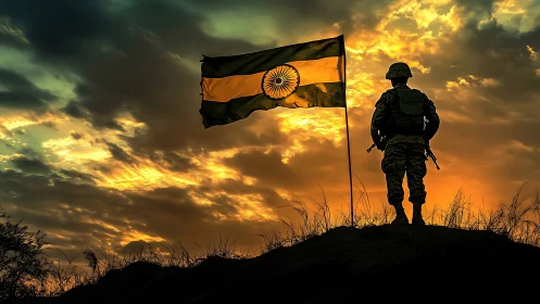 Silhouetted soldier beside Indian flag against sunset sky.