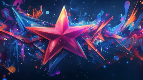 Vibrant neon star bursts across a swirling cosmic sky