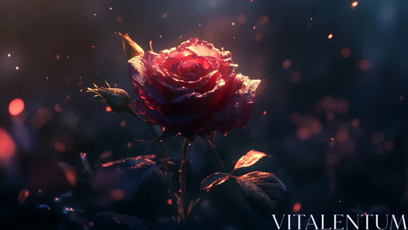 Red rose with golden light particles against dark background