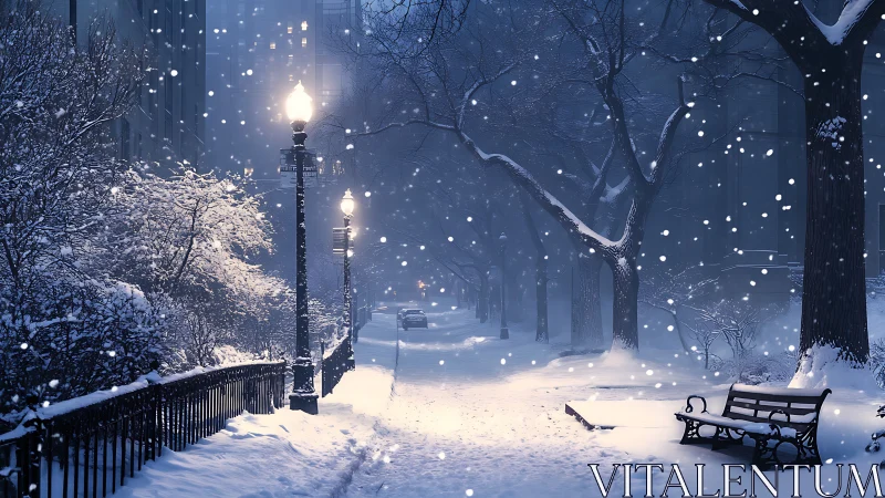 Midnight snow hush in a lamplit winter city parkscape.