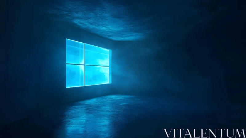 Glowing Blue Window in Dark Room, Futuristic Digital Art Style.