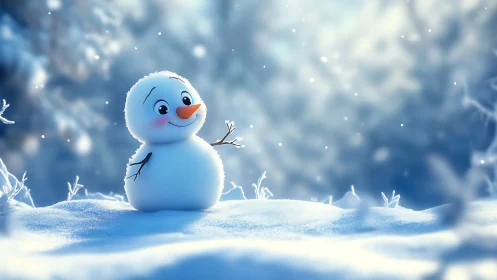 Cute cartoon snowman smiles in glowing winter snowfall.