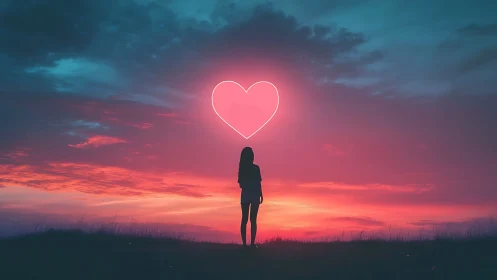 Woman Standing Under Glowing Neon Heart at Sunset