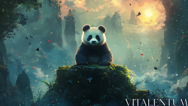 Gentle panda guardian resting in a misty fantasy valley.