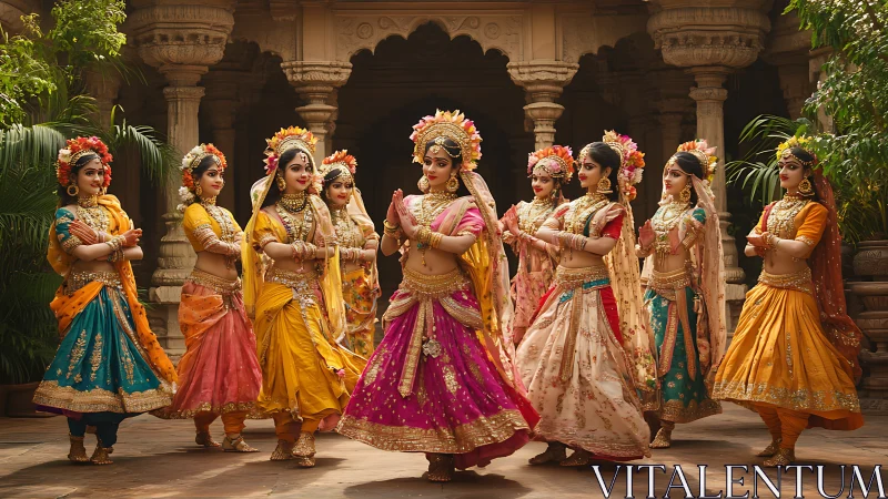Traditional Indian dancers in vibrant costumes performing in courtyard.