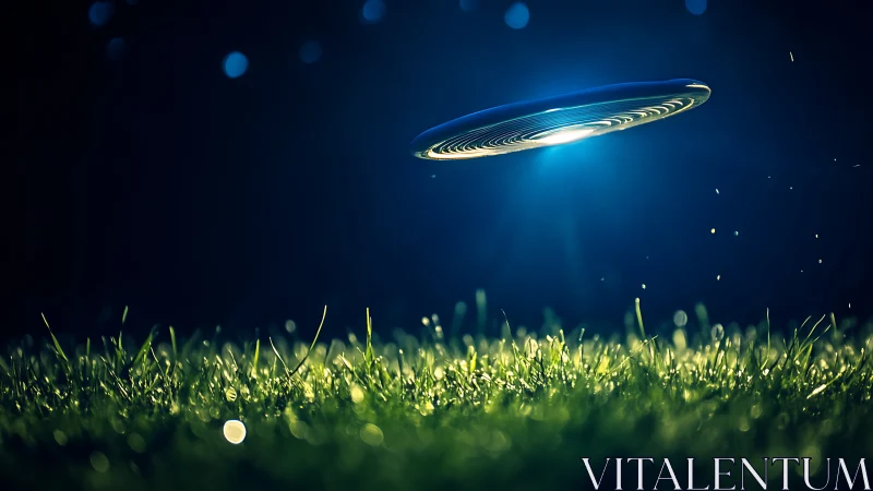 Aerodynamic disc captured mid-flight over backlit turf field.