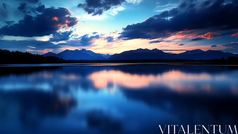 Evening sky softens over calm mountainside lake reflections