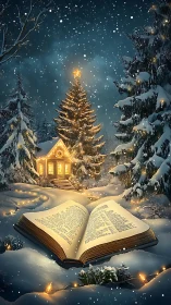 Open storybook in snowy forest with glowing cottage scene.