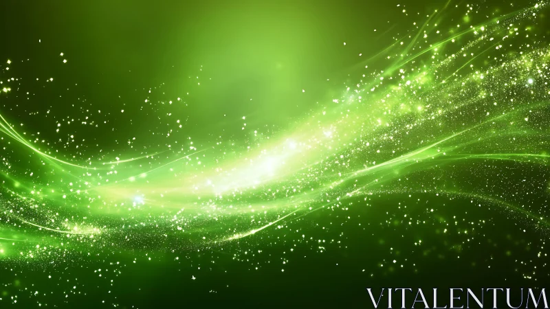 Vivid green light waves and sparkling particles in abstract digital art.