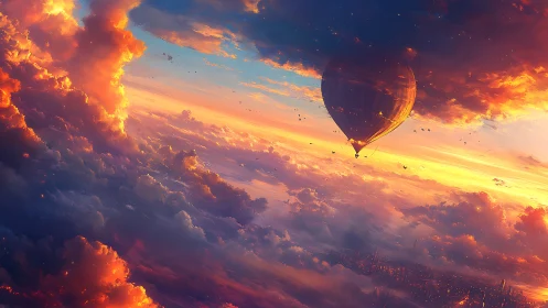 Skybound heart balloon drifting through ember-tinted clouds.