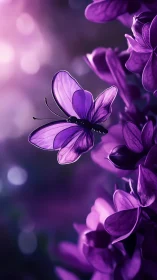 Purple butterfly in soft focus light over violet flowers.