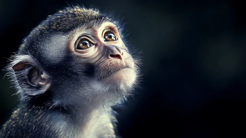 Gentle baby monkey gazes upward with soft, wondering eyes