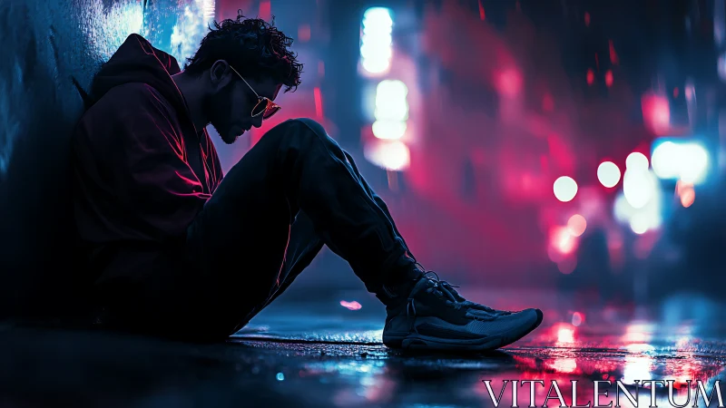 Solitary figure sits in a neon soaked alley, lost in thought