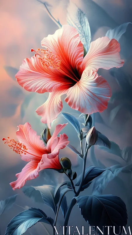 Pink Hibiscus Blooms Against Luminous Blue Haze.